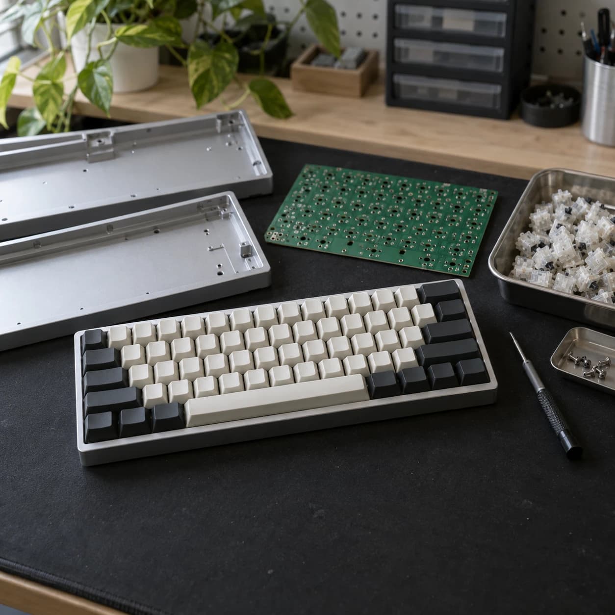 AI-generated scene of mechanical keyboards and components on an assembly bench