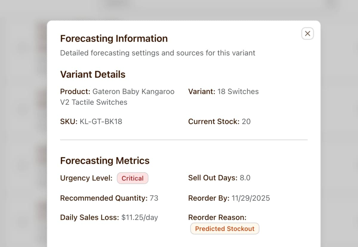 Material forecasting showing stockout predictions