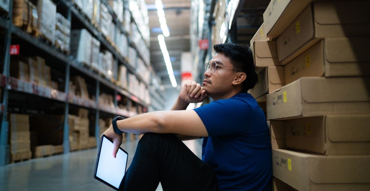 Cluttered warehouse shelves with disorganized inventory