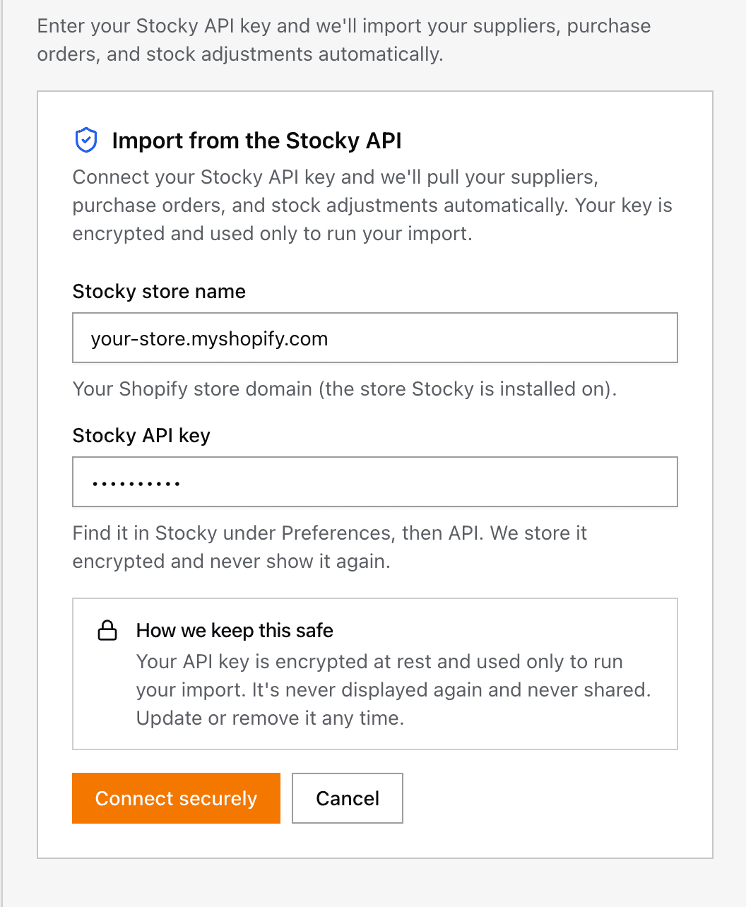 The Import from API tab where you paste your Stocky API key to start the import
