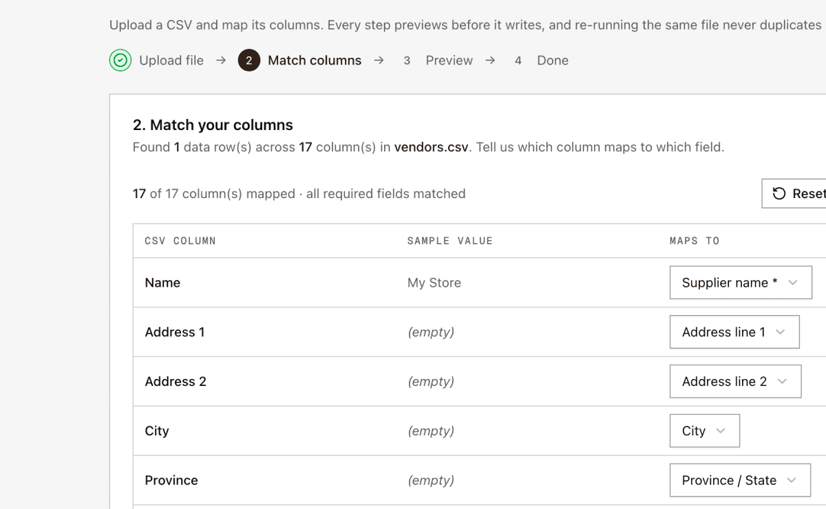 The column-matching step, with Stocky columns auto-matched to Organizely fields