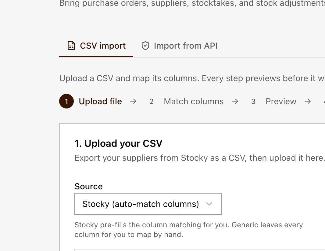The import wizard on the Upload step, file selected