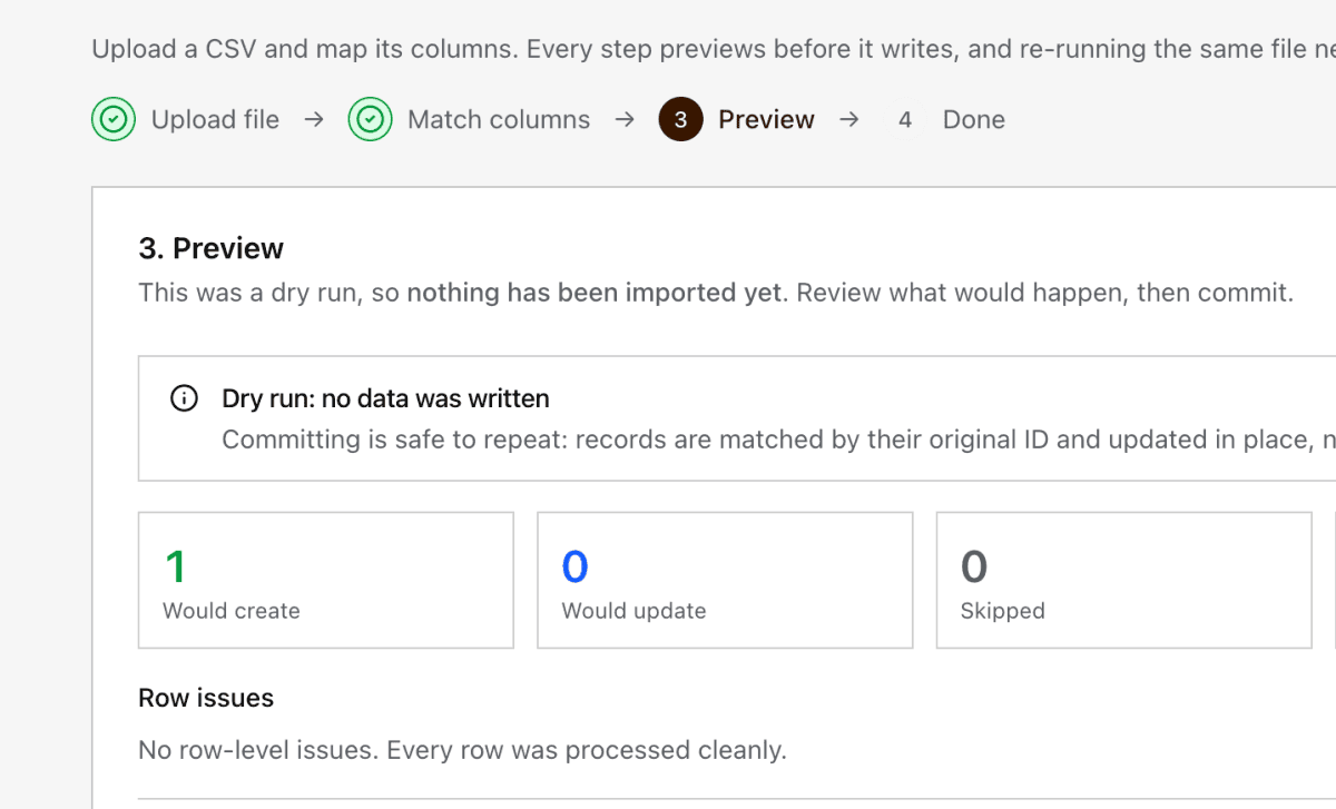 The dry-run preview report showing created and updated counts