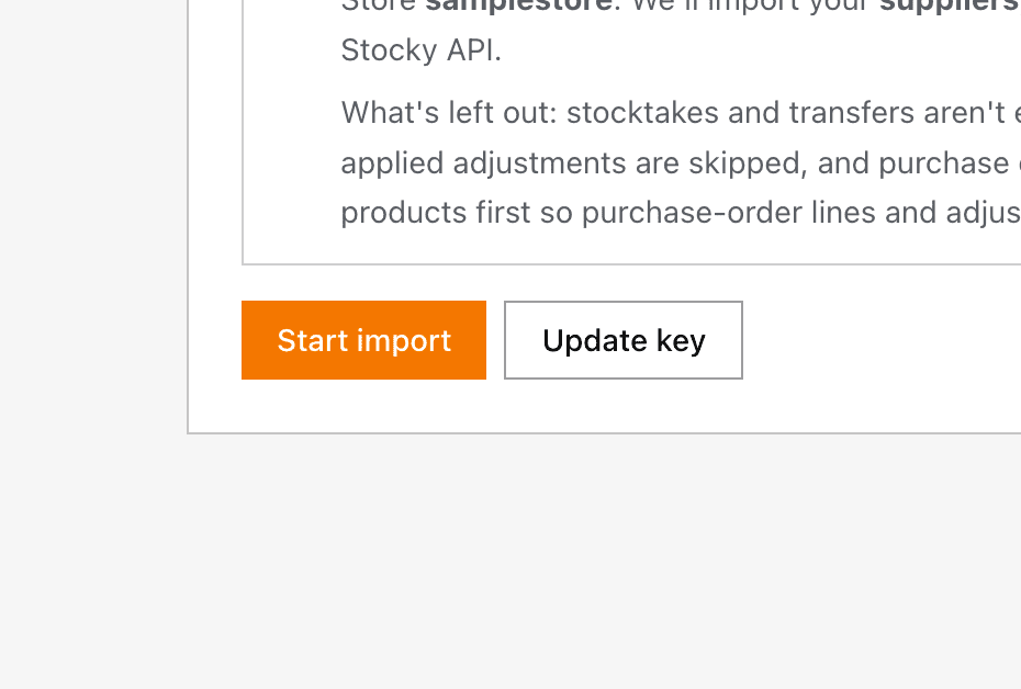 The Import from API tab where you enter your Stocky API key